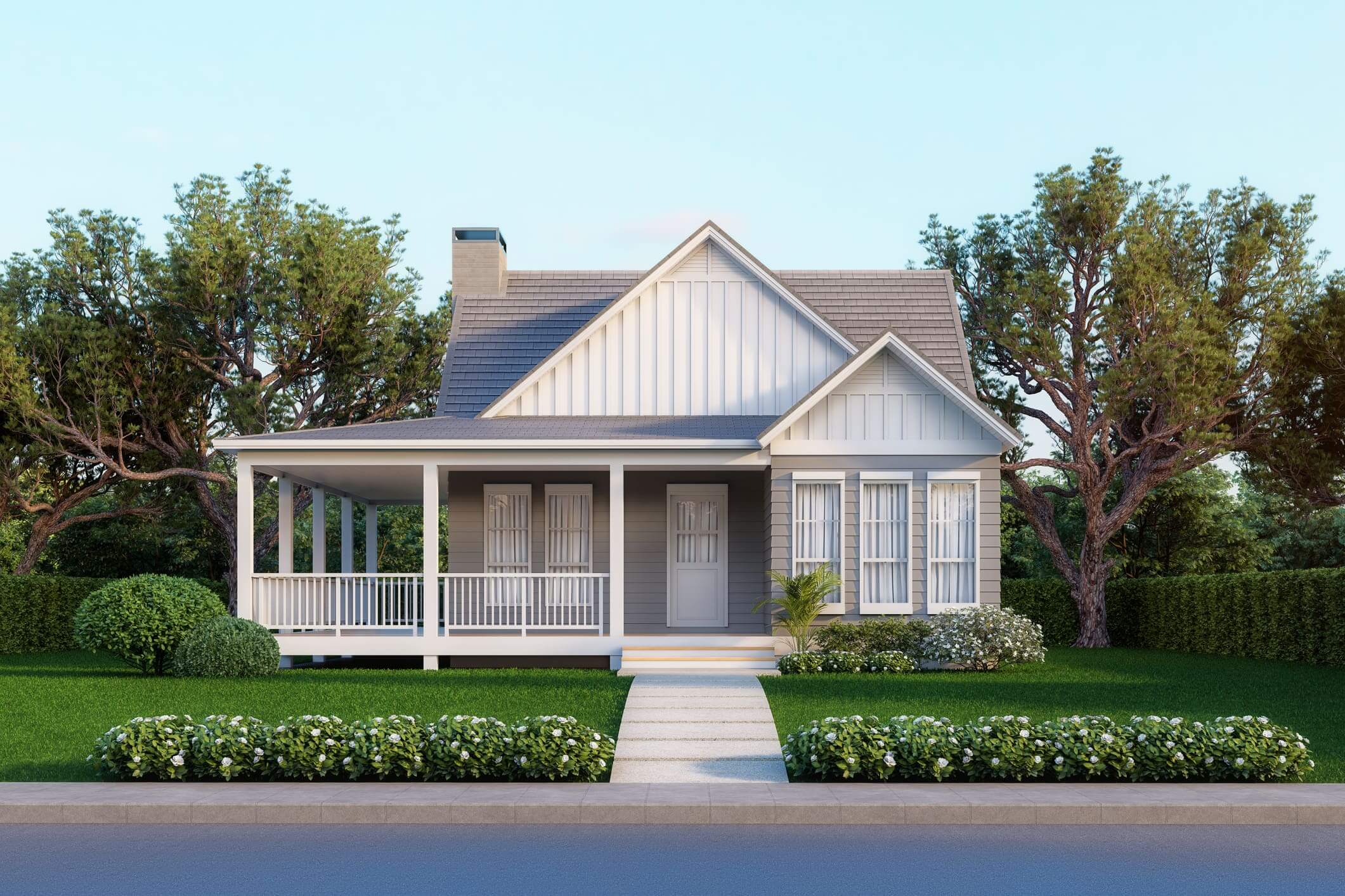 Charming single-story house with a spacious front porch and manicured lawn.