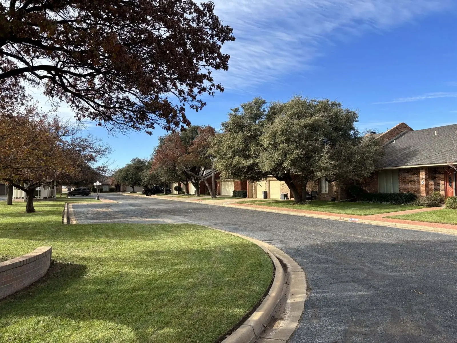 Tree-lined cul-de-sac with brick homes